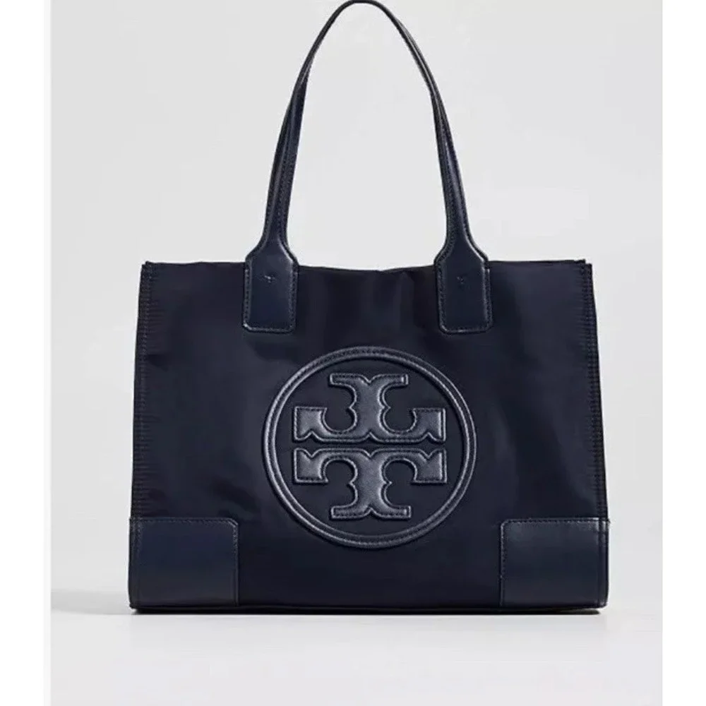 Tory Burch Ella Tote Navy Nylon Small‎ Bag Largo Logo Patch Double Handle